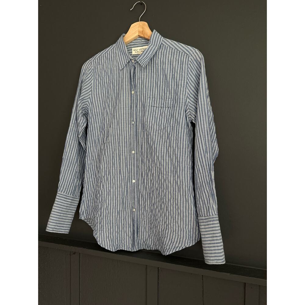 Nili Lotan NL Blue and White Pinstripe Pocket Buttoned Shirt Blouse Size Small - Picture 2 of 7